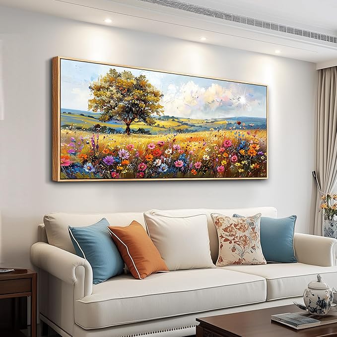 hyidecorart Large Framed Wall Art, Spring Landscape Wall Art, Nature Tree Wildflower Artwork, Colorful Scenery Rustic Painting Canvas Prints, Farmhouse Wall Decor Living Room Bedroom Picture 32x72 In