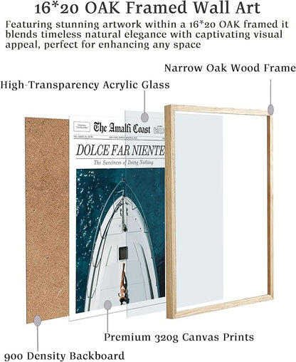 EcoHest Trendy Newspaper Dolce Far Niente Framed Wall Art, Large 16x20 in OAK Wood La Dolce Vita Canvas Art, Magazine Italian Summer Headline Decor, Beige Logs Set of 1 for Bedroom Living Room