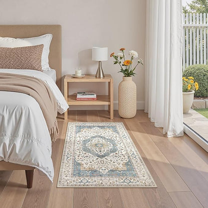 3x5 Washable Entryway Rug: Non-Slip Soft Vintage Floral Indoor Area Rug for Living Room Large Kitchen Entryway Bedroom Bedside, Door Mat Throw Carpet for Laundry Foyer Home Decor (Blue)