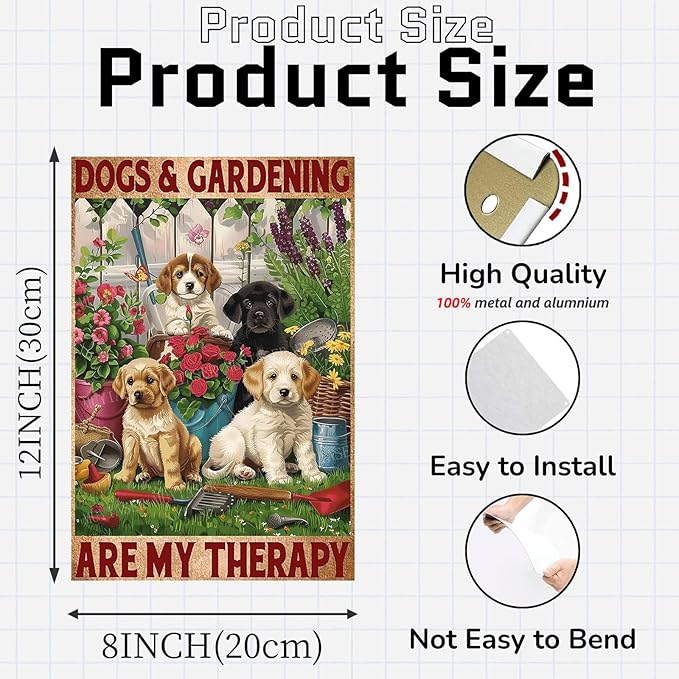 Metal Dogs and Gardening Are My Therapy Vintage Retro Aluminum Tin Sign for Garden Kitchen Office Home Bar Cafe Decor 8x12 Inch