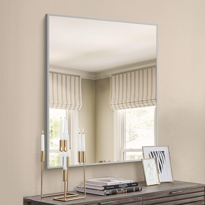 COFENY 30x40In Silver Bathroom Mirror for Wall, Brushed Nickel Rectangle Mirrors with Metal Frame, Bathroom Rectangular Mirror Modern Wall Mirror for Bedroom Living Room, Hangs Horizontal or Vertical