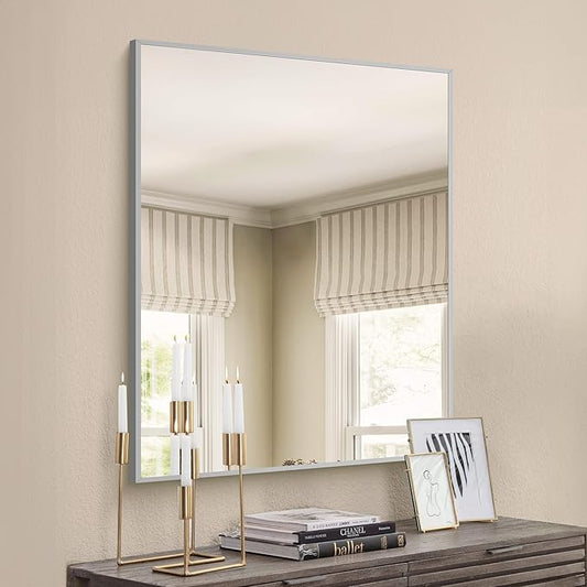 COFENY 30x40In Silver Bathroom Mirror for Wall, Brushed Nickel Rectangle Mirrors with Metal Frame, Bathroom Rectangular Mirror Modern Wall Mirror for Bedroom Living Room, Hangs Horizontal or Vertical
