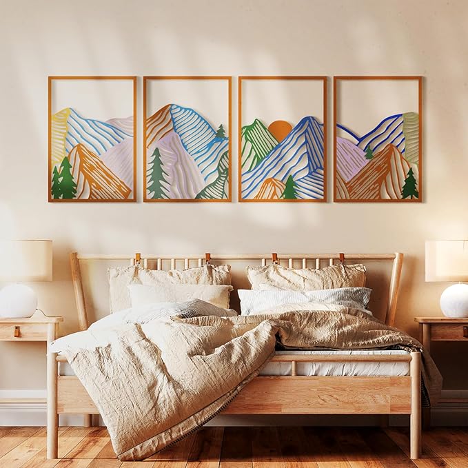 Glamativity 4 Pcs Colorful And Black Double-Sided Abstract Mountain Metal Wall Art, Mountain Line Art Decor, 3D Textured Minimalist Wall Decor, Rustic Nature Wall Decor for Living Room, Bedroom, Study