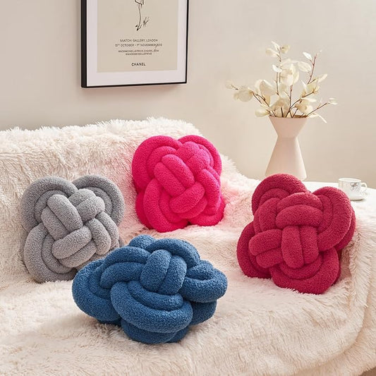 Knot Pillow, 12" Soft Decorative Throw Pillows for Couch Bed, Gray Pink Knotted Plush Throw Pillow Handmade Square Cushion Home Decor Pillows (Rose Red, 12 Inches X12 Inches)