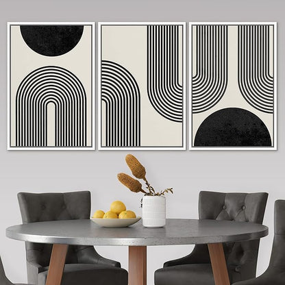 SIGNLEADER Framed Canvas Print Wall Art Spiral Parabolas & Solid Semi Circle Geometric Shapes Drawings Modern Art Contemporary Edgy Black and White for Living Room, Bedroom, Office - 16"x24"x3 WHITE