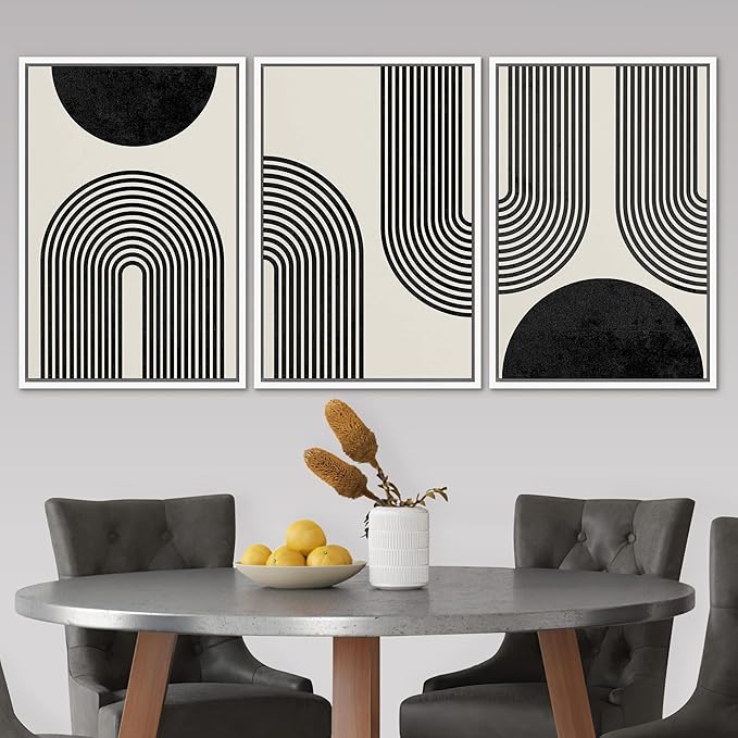 SIGNLEADER Framed Canvas Print Wall Art Spiral Parabolas & Solid Semi Circle Geometric Shapes Drawings Modern Art Contemporary Edgy Black and White for Living Room, Bedroom, Office - 24"x36"x3 WHITE