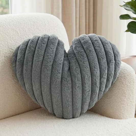 16 Inch Grey Heart Pillow Cute Soft Valentines Decorative Throw Pillows, Heart Shaped Fluffy Faux Fur Pillows Cushions for Couch Chair Bed Bedroom Room Home Decor Aesthetic (1, Gray, Medium-16"x13")