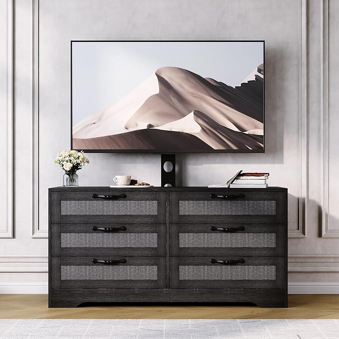 GarveeHome TV Stand with Mount for 32-85 Inch TVs - 47.2" Modern Entertainment Center with 6 Rattan Drawers, Media Console Table Storage for Living Room & Bedroom