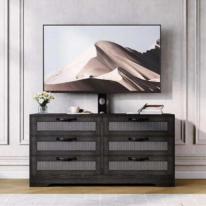 GarveeHome TV Stand with Mount for 32-85 Inch TVs - 47.2" Modern Entertainment Center with 6 Rattan Drawers, Media Console Table Storage for Living Room & Bedroom