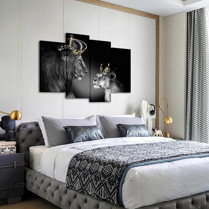 Large 4 Panel Wall Decor The Lion King and Queen with Crown Wall Art African Wild Animals Canvas Prints Pictures Black and White Modern Giclee Framed Artwork for Master Room Ready to Hang 48x33inch