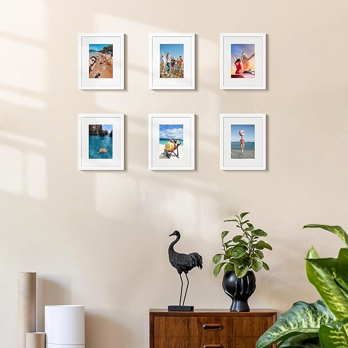 upsimples 8x10 Picture Frame Set of 3, Made of High Definition Glass for 5x7 with Mat or 8x10 Without Mat, Wall Mounting Photo Frames, White