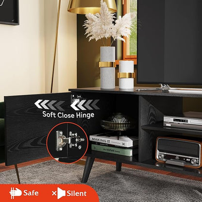 WLIVE Mid-Century Modern TV Stand for 55/60 Inch TV, Entertainment Center with Storage & Adjustable Shelves, Media Console with Soft-Close Cabinets for Living Room/Bedroom, Black