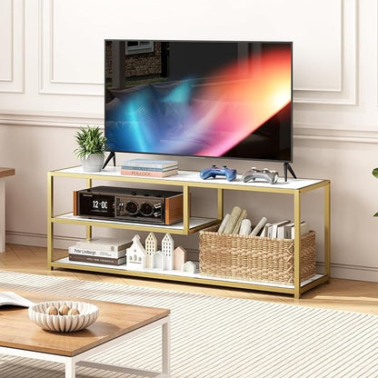 Function Home TV Stand for TVs up to 55 Inch, 3 Tier Entertainment Center, Media Console with Open Storage Shelves for Living Room Bedroom, 47” Modern TV Table with Faux Marble Top Gold Metal Leg