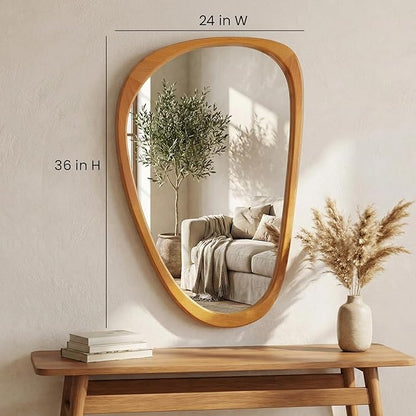 Solid Wood 36"x24" Modern Organic Asymmetrical Mirror, Warm Walnut Irregular Wooden Wall-Mounted Mirror, Sculptural Spa-Like Bathroom Vanity Mirror, Honey Walnut