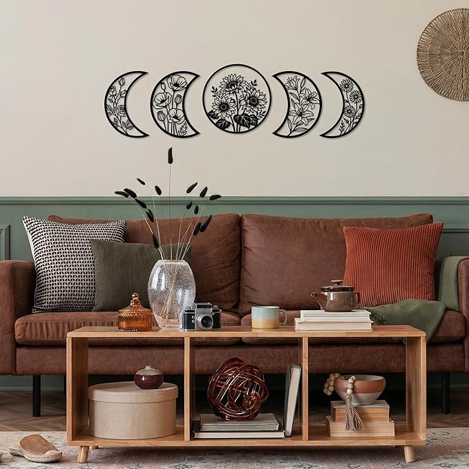 Sanwarm 5 Pieces Metal Wall Decor, Floral Moon Celestial Metal Wall Art Sunflower Witchy Black Hanging Decoration for Home Bathroom Living Room Bedroom Garden Office Housewarming Gifts