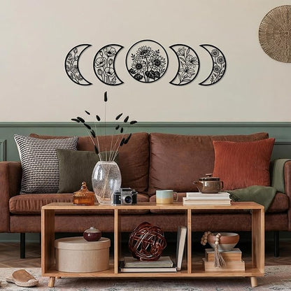 Sanwarm 5 Pieces Metal Wall Decor, Floral Moon Celestial Metal Wall Art Sunflower Witchy Black Hanging Decoration for Home Bathroom Living Room Bedroom Garden Office Housewarming Gifts