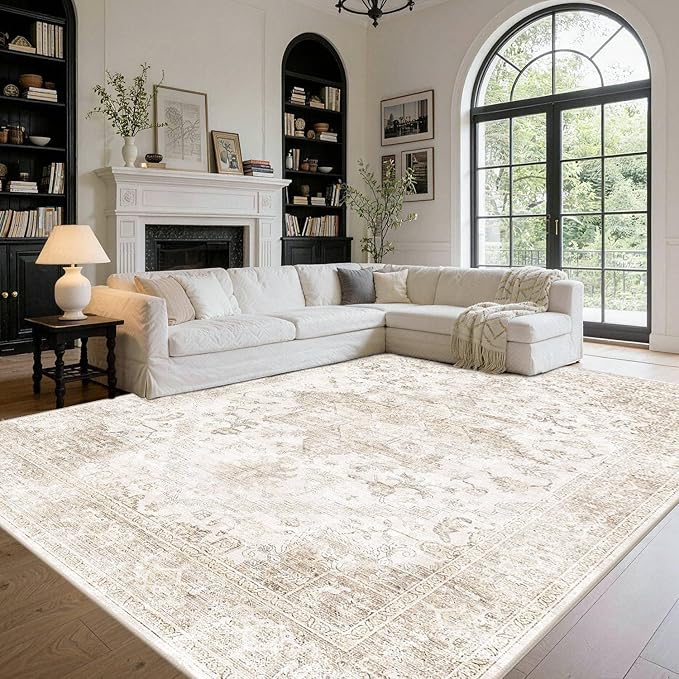 Rugxara 9x12 Extra Large Washable Area Rug, Soft Neutral Vintage Boho Rug for Living Room, Bedroom, Office, Farmhouse, Low Pile Imitation Wool Non Slip Carpet Ideal for High-Traffic Areas, Beige