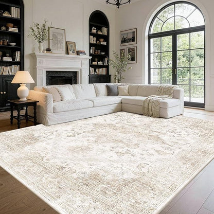 Rugxara 9x12 Extra Large Washable Area Rug, Soft Neutral Vintage Boho Rug for Living Room, Bedroom, Office, Farmhouse, Low Pile Imitation Wool Non Slip Carpet Ideal for High-Traffic Areas, Beige