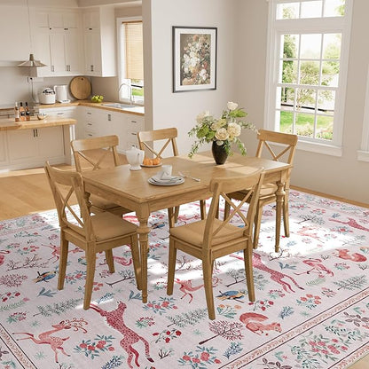 DUKINO 6x9 Rug, Washable Animal Living Room Rug with Non Slip Vintage Design, Soft Low Pile Large Carpet for Bedroom, Nursery, Dining Room, Farmhouse, Playroom, Pink