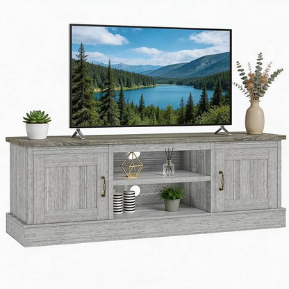 GAOMON 61" Farmhouse TV Stand for TVs Up to 65 Inch, Wooden Entertainment Center with 2 Storage Cabinets, Open Shelves & Cable Management, Rustic Media Console Table, Dark Grey