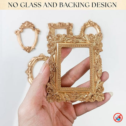 97 Decor Small Gold Picture Frames Set (No Standing & Backing) - 5 Mini Vintage Frames For Galley Wall, Assorted Gold Vintage Picture Frame Bulk, Antique Ornate Miniature Frame (Non-magnetic)