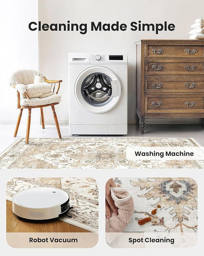 AMADA HOMEFURNISHING Round 8ft Area Rugs, Low-Profile Washable Rug with Non-Slip Backing & Durable Edge Binding, Vintage Rugs for Living Room, Bedroom, Dinning Room
