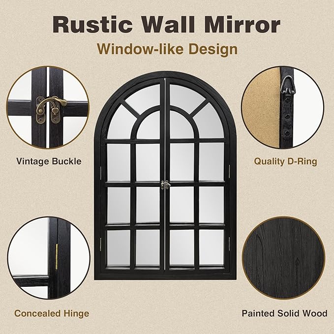 Arched Window Mirrors for Wall, Wooden Rustic Farmhouse Mirror for Wall Decor 26 x 38 Black, Decorative Wall Mirror Arch for Living Room, Bedroom, Bathroom, Fireplace, Farmhouse