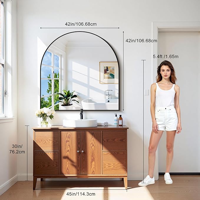 CIRCUMI Arched Wall Mirror, 42"x42" Black Arched Mirror with Tempered Glass, Metal Frame, Large Size for Entryway Table, Mantel,Living Room,Over Sink,Arch Mirror for Decor,Shatterproof&Crystal-Clear