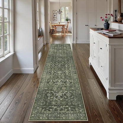 2.6x10 Green Runner Rug Hallway Washable Area Rugs Kitchen Vintage Boho Non Slip Long Rug Floral Carpet Indoor Retro Soft Low Pile Throw Rug for Bedroom Bathroom Laundry Dining Living Room Office