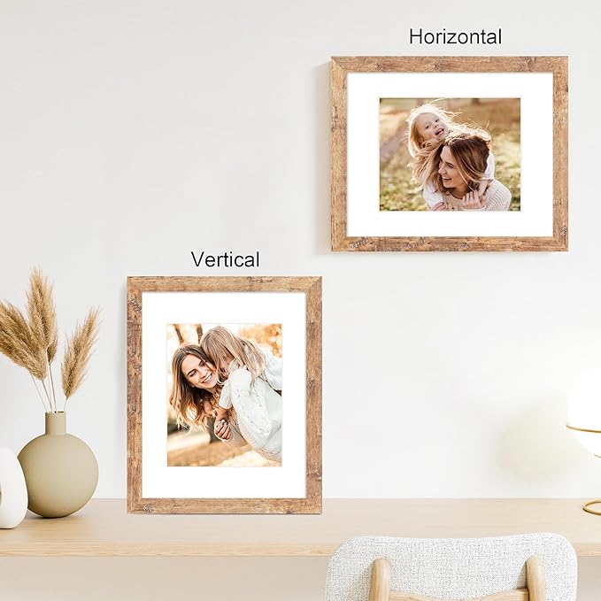 iRahmen 11x14 Picture Frame Set of 2 with Tempered Glass, Rustic Brown Frame Display 8x10 Pictures with Mat or 11 x 14 Without Mat, Wooden Photo Frame for Horizontal or Vertical Wall Mount