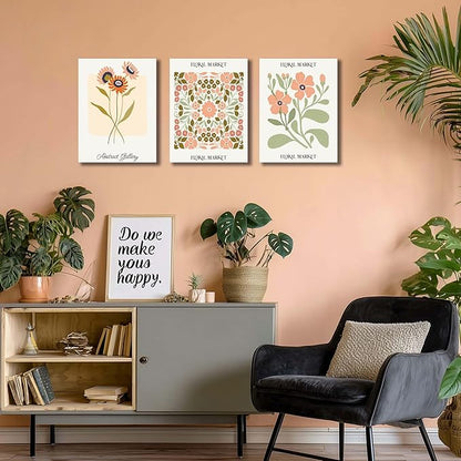 SKYRISE 3 PCS Boho Floral Canvas Wall Art, Rustic Botanical Canvas Paintings Prints ArtWork for Living Room, Vintage Flower Pictures for Farmhouse Dining Room Hallway Bedroom Wall Decor 12"x16"