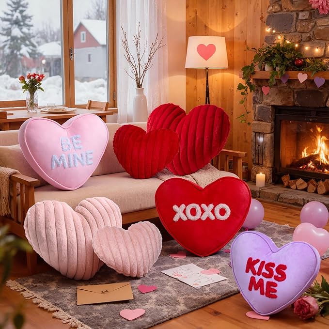 Lanpn Valentines Day Heart Pillows 2Pcs, Heart Shaped Pillow Soft Faux Fur Throw Pillow Plush Heart Decorative Cushion for Home Couch Bed Sofa Valentine Day Decor (Red,16.5x12in/14x10.5in)