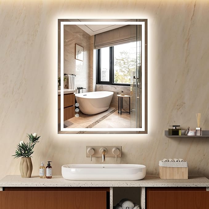 28x36 Inch LED Lighted Bathroom Mirror - Anti-Fog Vanity Mirror with Dimmable Front & Backlit, 3 Color Temp, Smart Memory - Shatterproof HD Glass, IP54 Waterproof Wall Mounted for Makeup Shaving