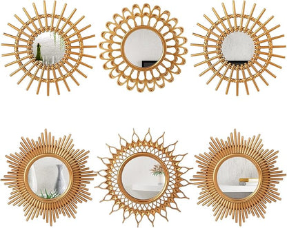 Namalu 6 Pcs Sunburst Mirror for Wall Decor, Small Circle Sun Decorative Mirror Hanging for Art Entryway Home Decor Bathroom Bedroom Living Room(Classic,Gold)