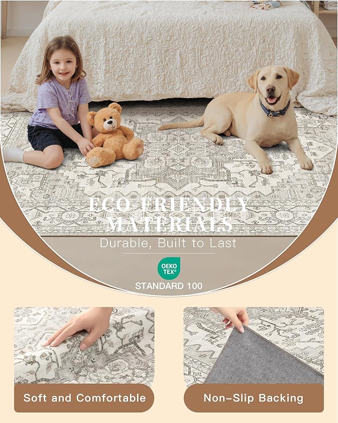 Madane Hallway Runner Rug 2'6''x14', Non Slip Vintage Runners for Hallways Washable Kitchen Rugs Soft Low Pile 2.5x14 ft Rug Runner for Laundry Room, Entryway and Bedroom, Beige/Brown