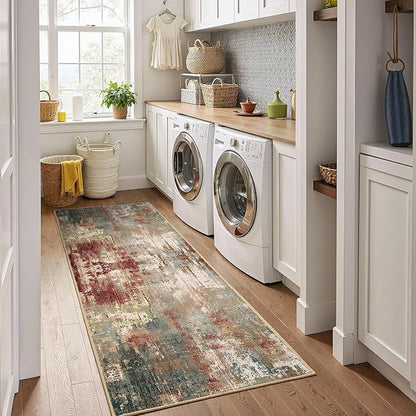 RELEANY Washable Area Rugs 2'x10' Non-Slip Modern Abstract Soft for Living Room Entryway Bedroom Nursery, Print Pattern, Brown Rust Red Green Blue Multi