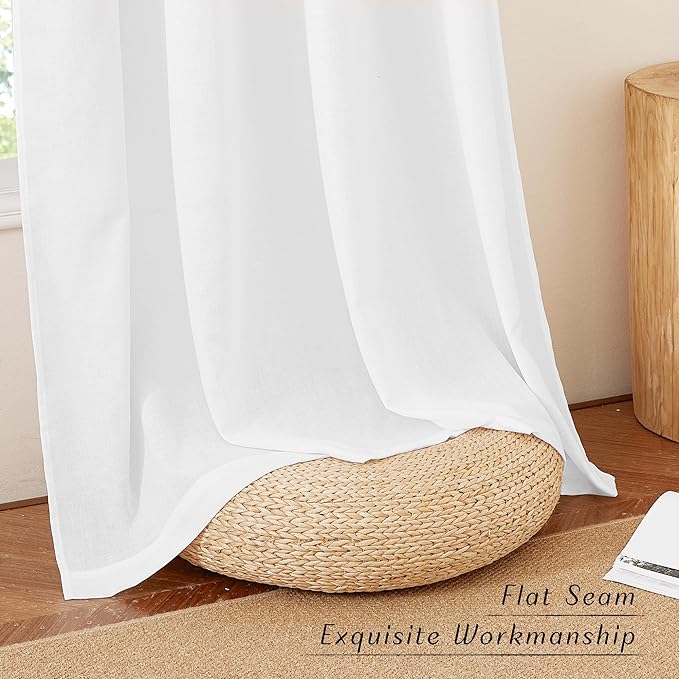 NICETOWN Linen Flax Semi Sheer Curtains 94" Length, Grommet Window Treatments Privacy Added with Light Penetration Vertical Drapes for Loft/Home Office, White, W55 x L94, 2 Panels