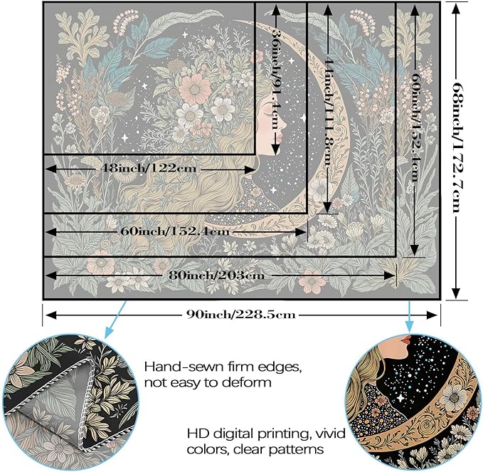 Neasow Moon Girl Floral Tapestry, Botanical Nature Wall Art, Boho Aesthetic Mystic Decor for Living Room Bedroom Home, Green 60x80 inches