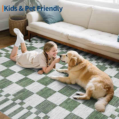 GarveeHome Sage Green Checkered Rug 2x3 Washable Rug Non-Slip for Entryway, Soft Low-Pile Small Area Rugs, Modern Geometric Rugs for Kitchen