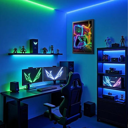 Boys Room Game Wall Decor Wall Decor, Neon Gaming Accessories Theme Wall Art, Colorful Neon Gamepad Canvas Painting Prints for Children Youth Boys Bedroom Decor 12x16 Inch Framed