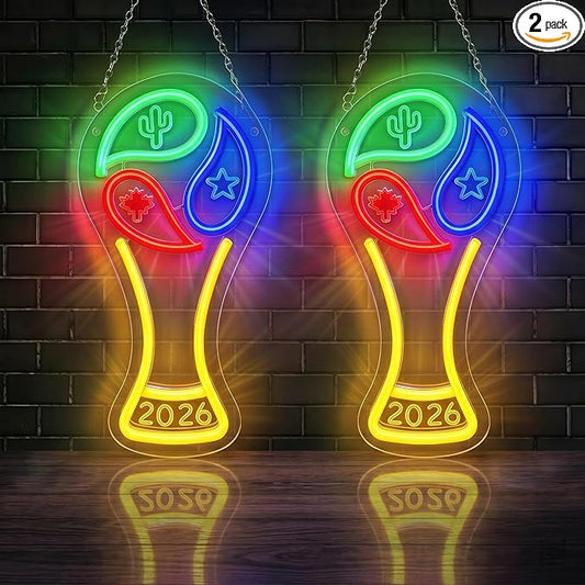 2026 Soccer World Cup Neon Signs - Dimmable LED Trophy Neon Lights with Hanging Chains & Hooks, 2 PCS Soccer Fan Wall Decor for Sports Bar, Man Cave, Game Room, Party Supplies