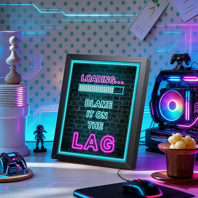 Framed Gamer Wall Art, Boys Game Room Wall Decor Painting, Funny “Blame It On The Lag” Blue Neon Sign Canvas Print Poster, LED Style Loading Screen Game Room Bedroom Decor 8x10 Inch