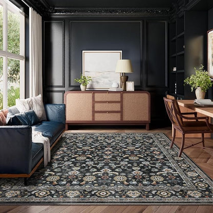 Washable Area Rugs for Living Room: 6x9 Bedroom Rug Vintage Boho Area Rug Stain Resistant Non Slip Low Pile Lightweight Soft Carpets for Living Room Dining Room Kitchen Nursery Kids Room Farmhouse