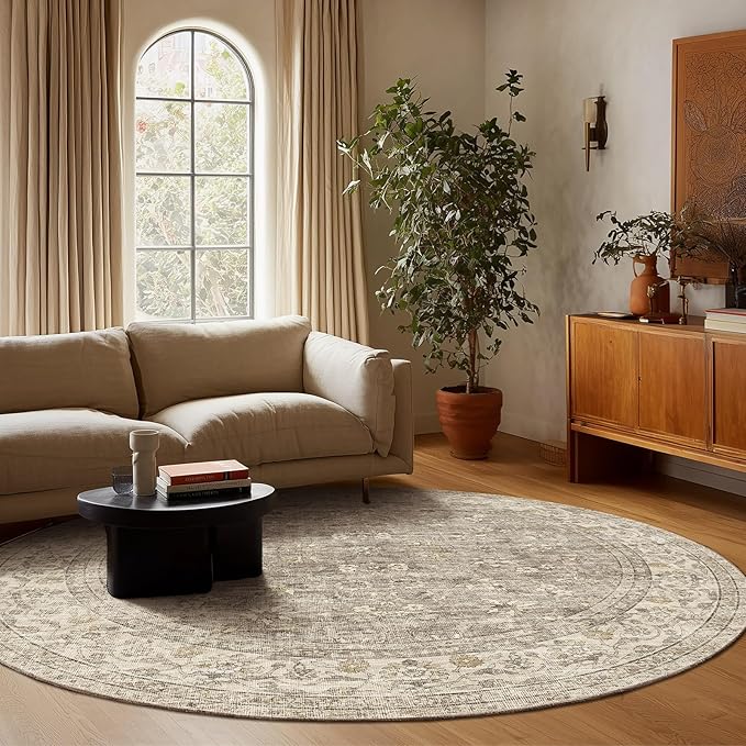 6ft Washable Round Rugs for Bedroom: Circle Living Room Rug Vintage Non Slip Low Pile Soft Faux Wool Non Shedding Boho Circular Rug for Kitchen Entryway Bathroom Bedside Office College Dorm Kids Room
