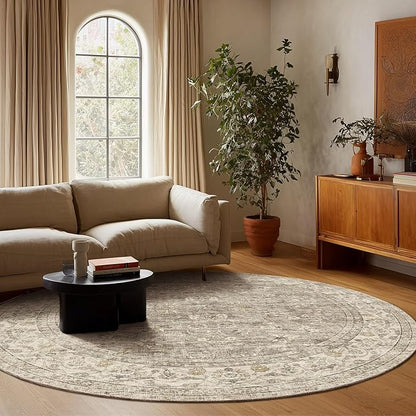 6ft Washable Round Rugs for Bedroom: Circle Living Room Rug Vintage Non Slip Low Pile Soft Faux Wool Non Shedding Boho Circular Rug for Kitchen Entryway Bathroom Bedside Office College Dorm Kids Room