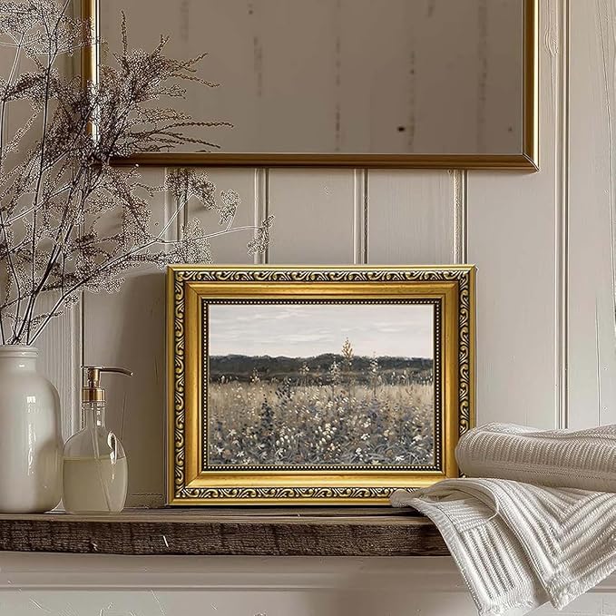 YD&YZY Gold Framed Vintage Wall Art Canvas Landscape Meadow with Flowers Farmhouse Wall Decor Rustic Cottagecore Nature Painting Picture Print for Bedroom Home Decor 8x10 inch Small Framed