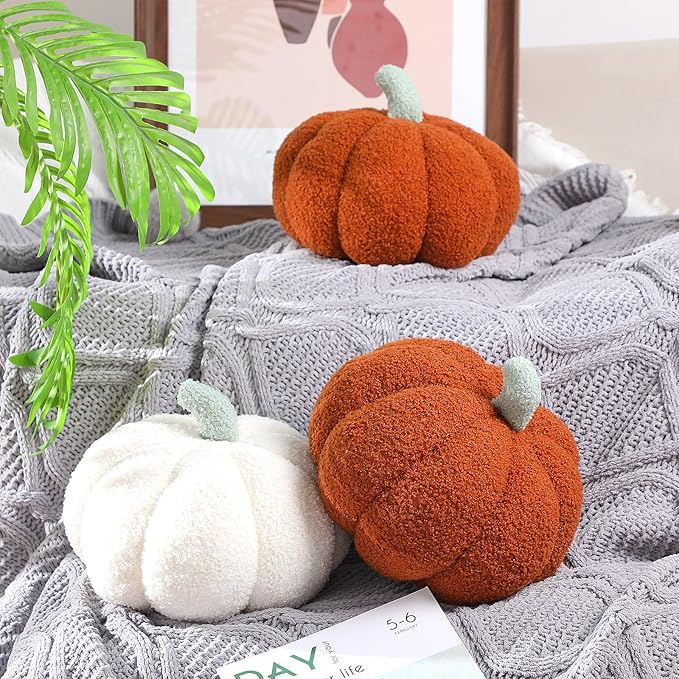 Kajaia 2 Pcs Simulated Pumpkin Plush Pillow 11 x 9.5 Inch 3D Cushion Fall Decorations Stuffed Throw Pillows Toy for Fall Halloween Thanksgiving Bedroom Sofa Couch Supplies (White,Brown)