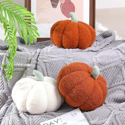 Kajaia 2 Pcs Simulated Pumpkin Plush Pillow 11 x 9.5 Inch 3D Cushion Fall Decorations Stuffed Throw Pillows Toy for Fall Halloween Thanksgiving Bedroom Sofa Couch Supplies (White,Brown)