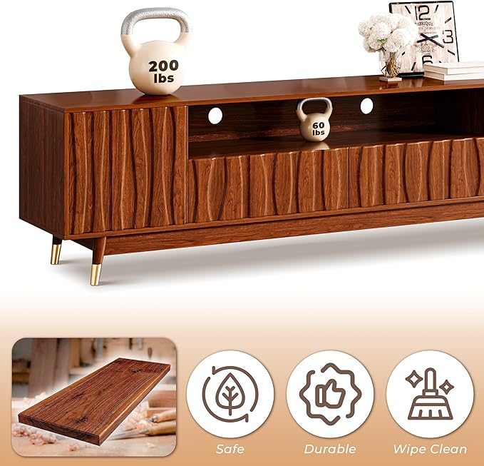 102" Walnut Finish Entertainment Center for 32/43/55 inch TV, Included 55.1'' TV Stand and 2 Glass Display Cabinet, 3-Piece Brown Mid Century Modern Wood Media Console for Living Room