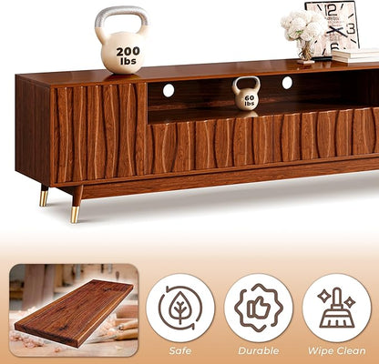 102" Walnut Finish Entertainment Center for 55/65/75 inch TV, Included 78.7'' TV Stand, Glass Display Cabinet and Coffee Table, 3-Piece Brown Mid Century Modern Wood Media Console for Living Room